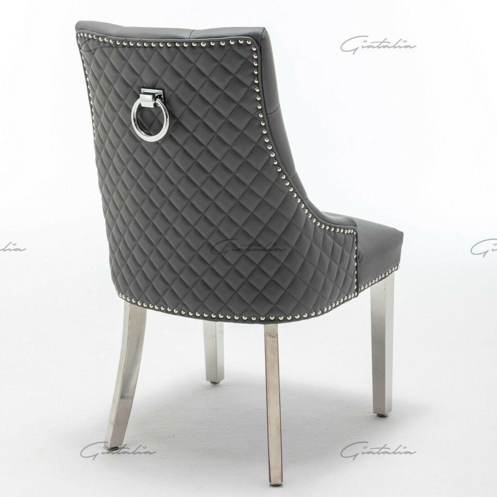 Arturo 180cm Grey Marble Dining Table + Grey Chrome Ring Knocker Faux Leather Chairs-Esme Furnishings