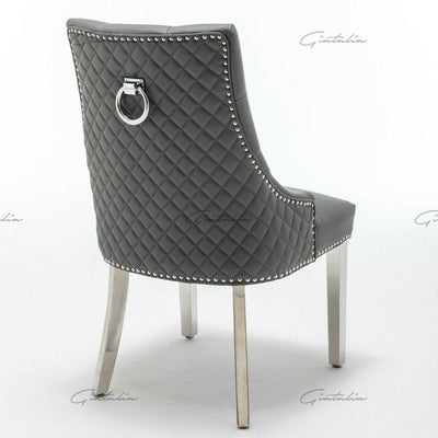 Arturo 180cm Grey Marble Dining Table + Grey Chrome Ring Knocker Faux Leather Chairs-Esme Furnishings