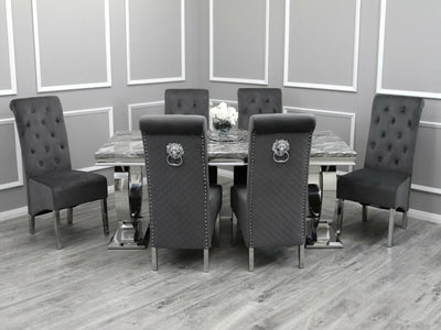 Arianna 150cm Grey Marble Dining Table + Lucy Lion Slim Knocker Plush Velvet Chairs-Esme Furnishings