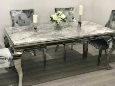 Louis 160cm Grey Marble Dining Table + 4 Grey Ring Knocker Chairs + 130cm Bench-Esme Furnishings