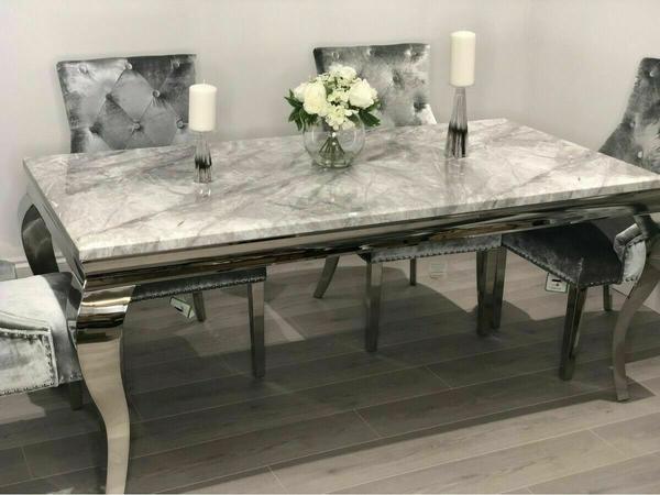 Louis 140cm Grey Marble Dining Table + 4 Grey Ring Knocker Chairs + 110cm Bench-Esme Furnishings