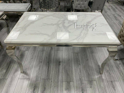 Louis 200cm White Marble Dining Table + Knightsbridge Light Grey Knocker Plush Velvet Chairs-Esme Furnishings