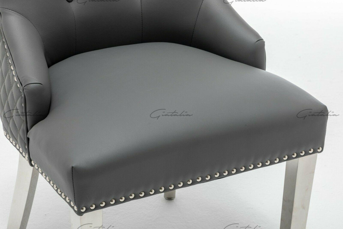 Ottavia 180cm Grey Marble Dining Table + Grey Lion Knocker Faux Leather Chairs-Esme Furnishings