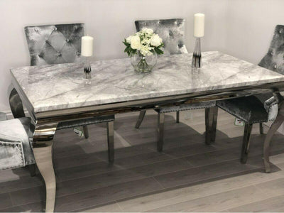 Louis 200cm Grey Marble Dining Table + Knightsbridge Dark Grey Knocker Plush Velvet Chairs-Esme Furnishings