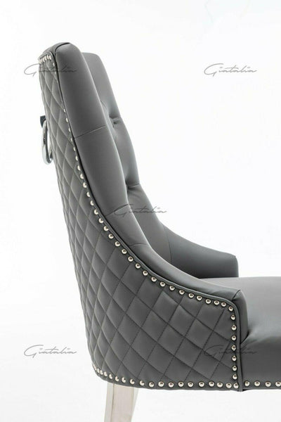Arturo 180cm Grey Marble Dining Table + Grey Chrome Ring Knocker Faux Leather Chairs-Esme Furnishings