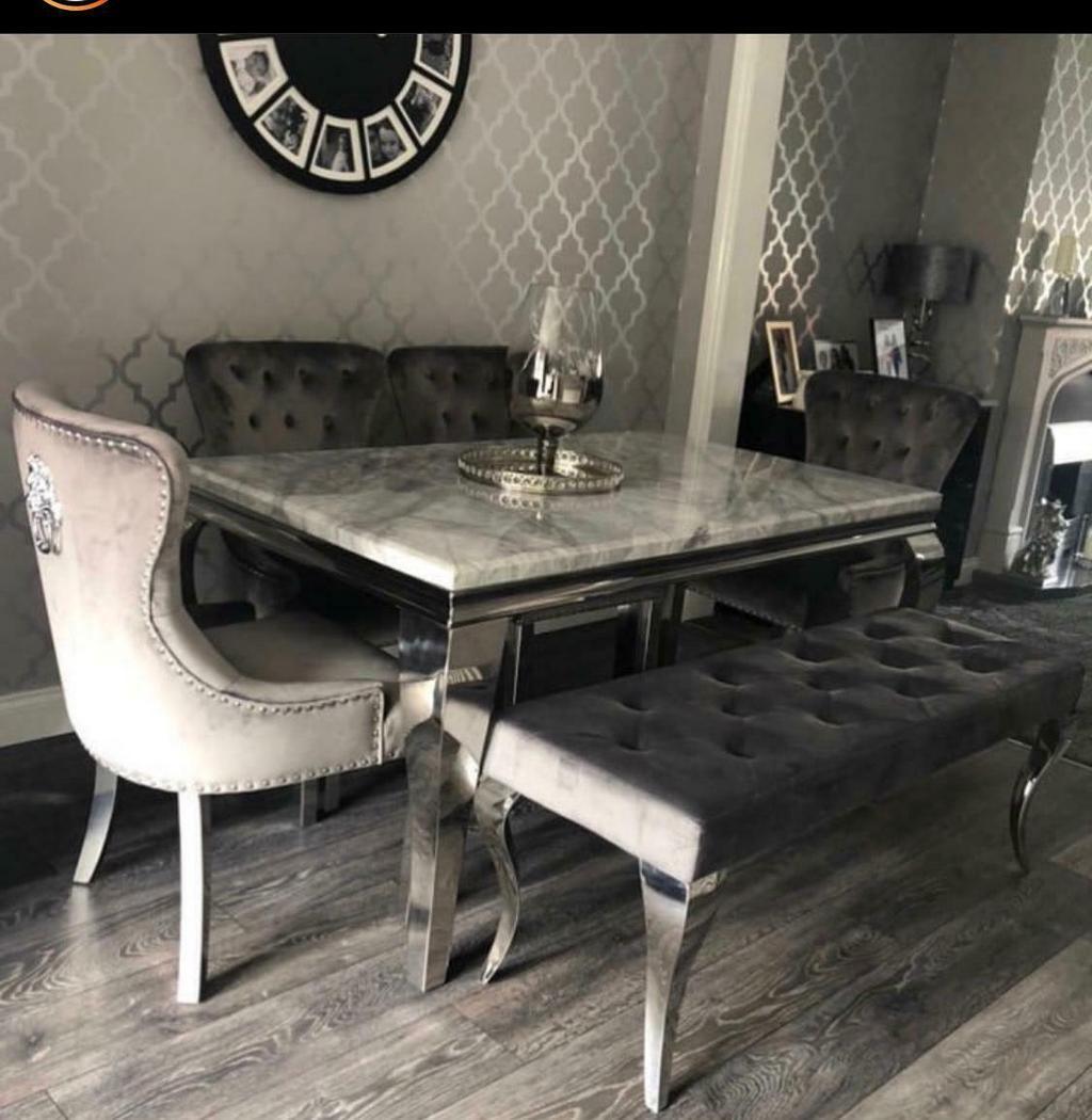 Louis 150cm Grey Marble Dining Table + 4 Grey Lion Knocker Chairs + 110cm Bench-Esme Furnishings