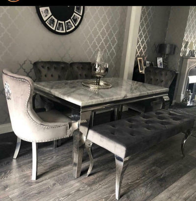 Louis 150cm Grey Marble Dining Table + 4 Grey Lion Knocker Chairs + 110cm Bench-Esme Furnishings