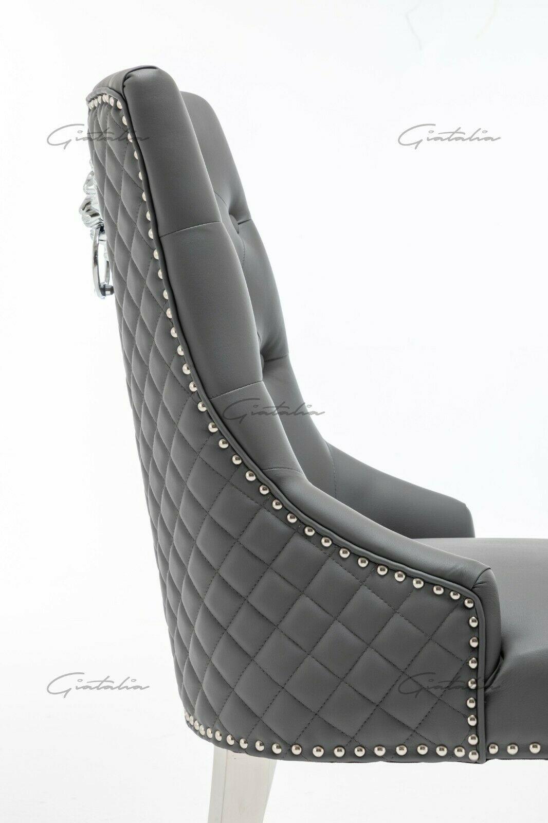 Arturo 180cm Grey Marble Dining Table + Grey Lion Knocker Faux Leather Chairs-Esme Furnishings