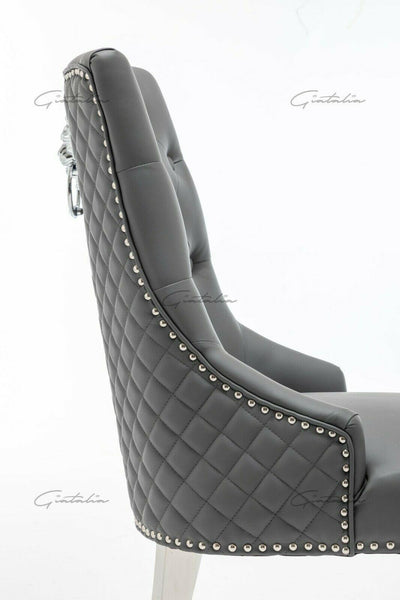 Arturo 180cm Grey Marble Dining Table + Grey Lion Knocker Faux Leather Chairs-Esme Furnishings
