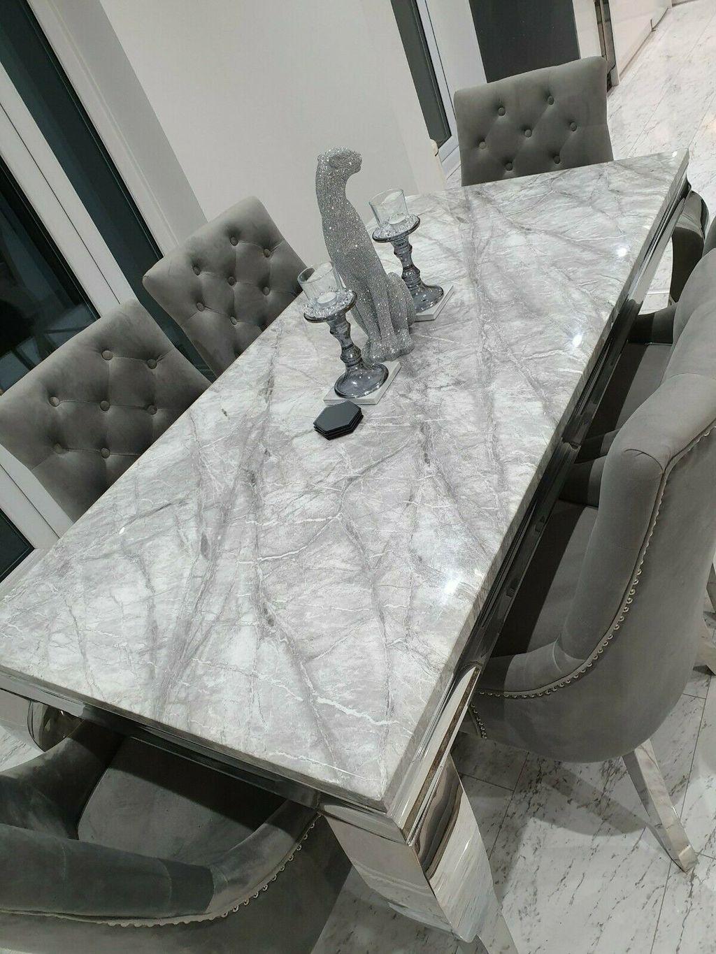 Louis 120cm Grey Marble Dining Table + 4 Grey Ring Knocker Chairs-Esme Furnishings