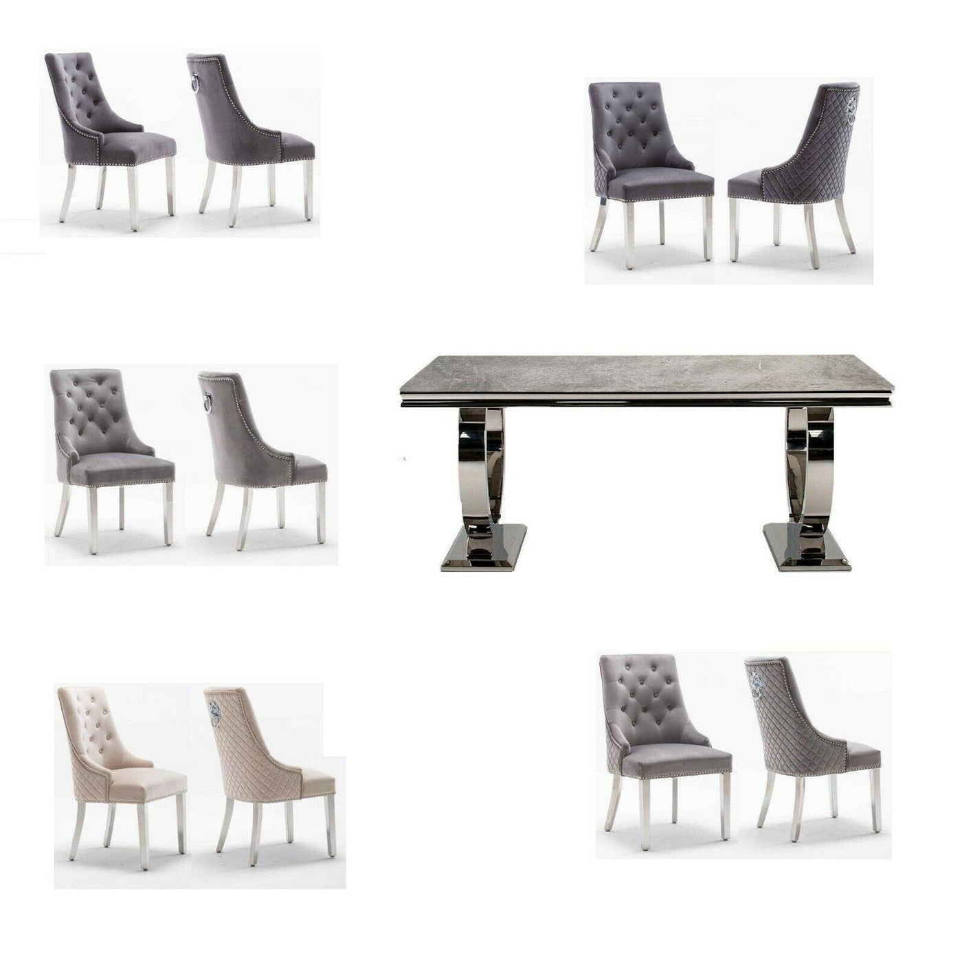 Arianna 180CM Cream Marble Dining Table + Lion Knocker Plush Velvet Dining Chairs-Esme Furnishings