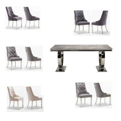 Arianna 180CM Cream Marble Dining Table + Lion Knocker Plush Velvet Dining Chairs-Esme Furnishings