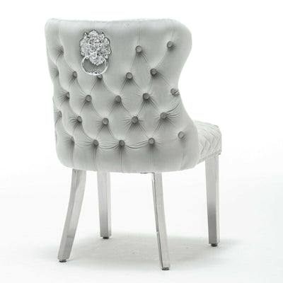 Arianna 180cm White Marble Dining Table + Light Grey Button Lion Knocker Velvet Chairs-Esme Furnishings