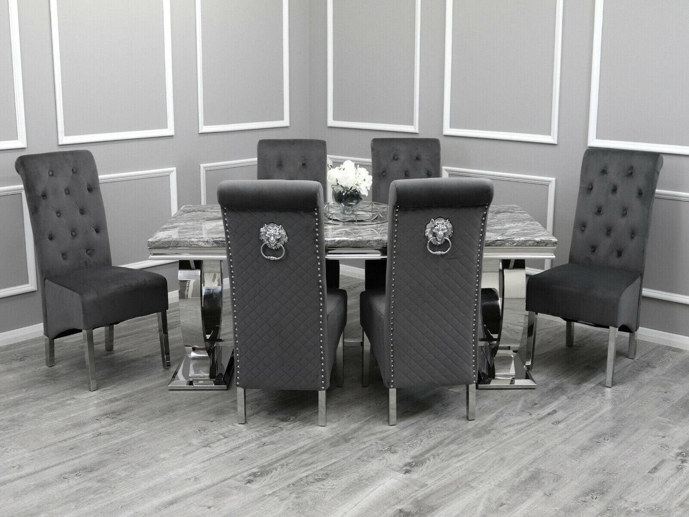 Arianna 150cm White Marble Dining Table + Lucy Lion Slim Knocker Plush Velvet Chairs-Esme Furnishings