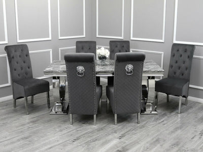 Arianna 150cm White Marble Dining Table + Lucy Lion Slim Knocker Plush Velvet Chairs-Esme Furnishings