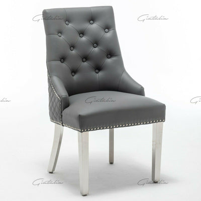 Arturo 180cm Grey Marble Dining Table + Grey Lion Knocker Faux Leather Chairs-Esme Furnishings