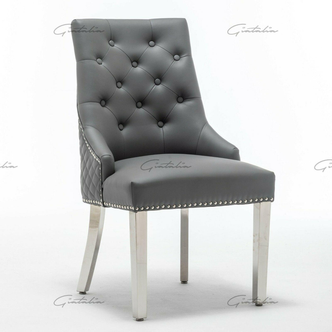 Weston Grey PU Dining Chair Faux Leather Round Ring Knocker Chrome-Esme Furnishings