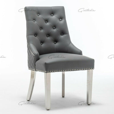 Weston Grey PU Dining Chair Faux Leather Round Ring Knocker Chrome-Esme Furnishings