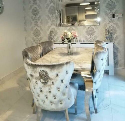 Louis Marble & Chrome Dining Table With Valente Lion Knocker Velvet Chairs-Esme Furnishings
