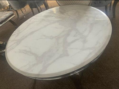 Chelsea 130cm White Marble Round Dining Table + Grey Ring Knocker Chairs-Esme Furnishings