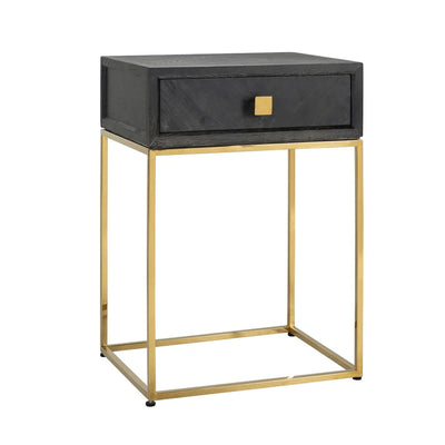 Blackbone Black Oak and Gold 1 Drawer Bedside Table-Belmont Interiors