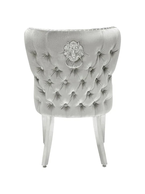 Valentino Light Grey Quilted Plush Velvet Chrome Leg Lion Knockerback Dining Chair