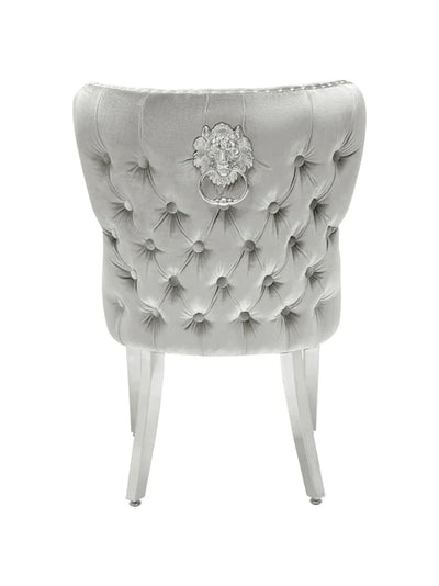 Valentino Light Grey Quilted Plush Velvet Chrome Leg Lion Knockerback Dining Chair