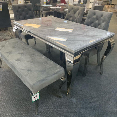 Louis 150cm White Marble Dining Table + 4 Grey Lion Knocker Quilted Back Chairs + 110cm Bench-Esme Furnishings