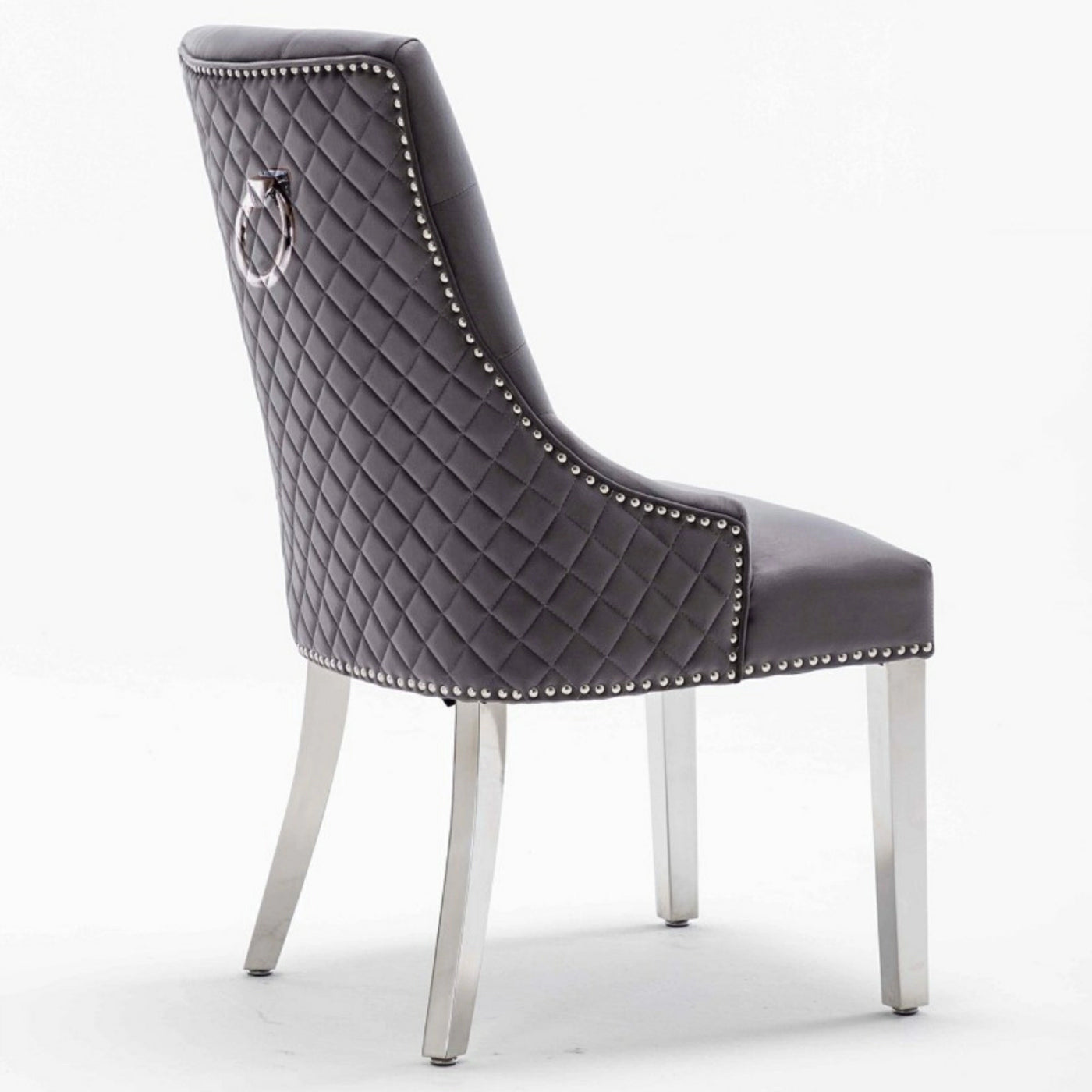Portland, Grey, French Velvet, Ring Knocker, Quilted Back Dining Chair With Chrome Legs-Esme Furnishings