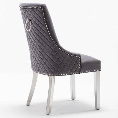 Portland, Grey, French Velvet, Ring Knocker, Quilted Back Dining Chair With Chrome Legs-Esme Furnishings