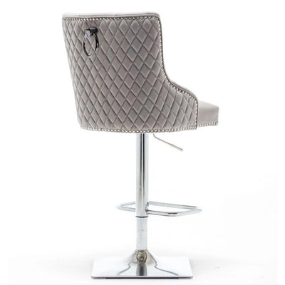 Portland, Light Grey French Velvet, Ring Knocker Quilted Back Bar Stool-Esme Furnishings
